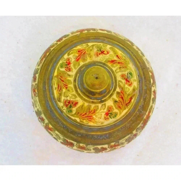 Enameled brass jar with lid, etched painted‎ India Trinket keepsake colorful red - Picture 7 of 7